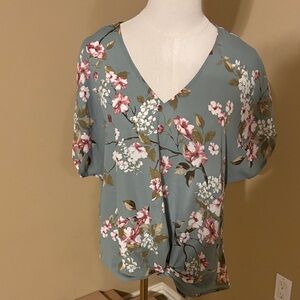 Floral V-Neck Blouse - Green and Pink